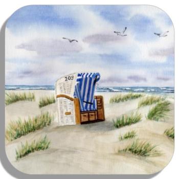 Untersetzer Glasuntersetzer 9,5 x 9,5 cm Aquarell Kunst Maritim Druck Kunstdruck Strandkorb Sylt Nordsee Meer Möwe Strand Dünen
